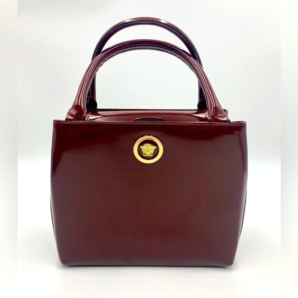 Auth Gianni Versace Small Bordeaux Enamel Top Handle Bag Structured Satchel